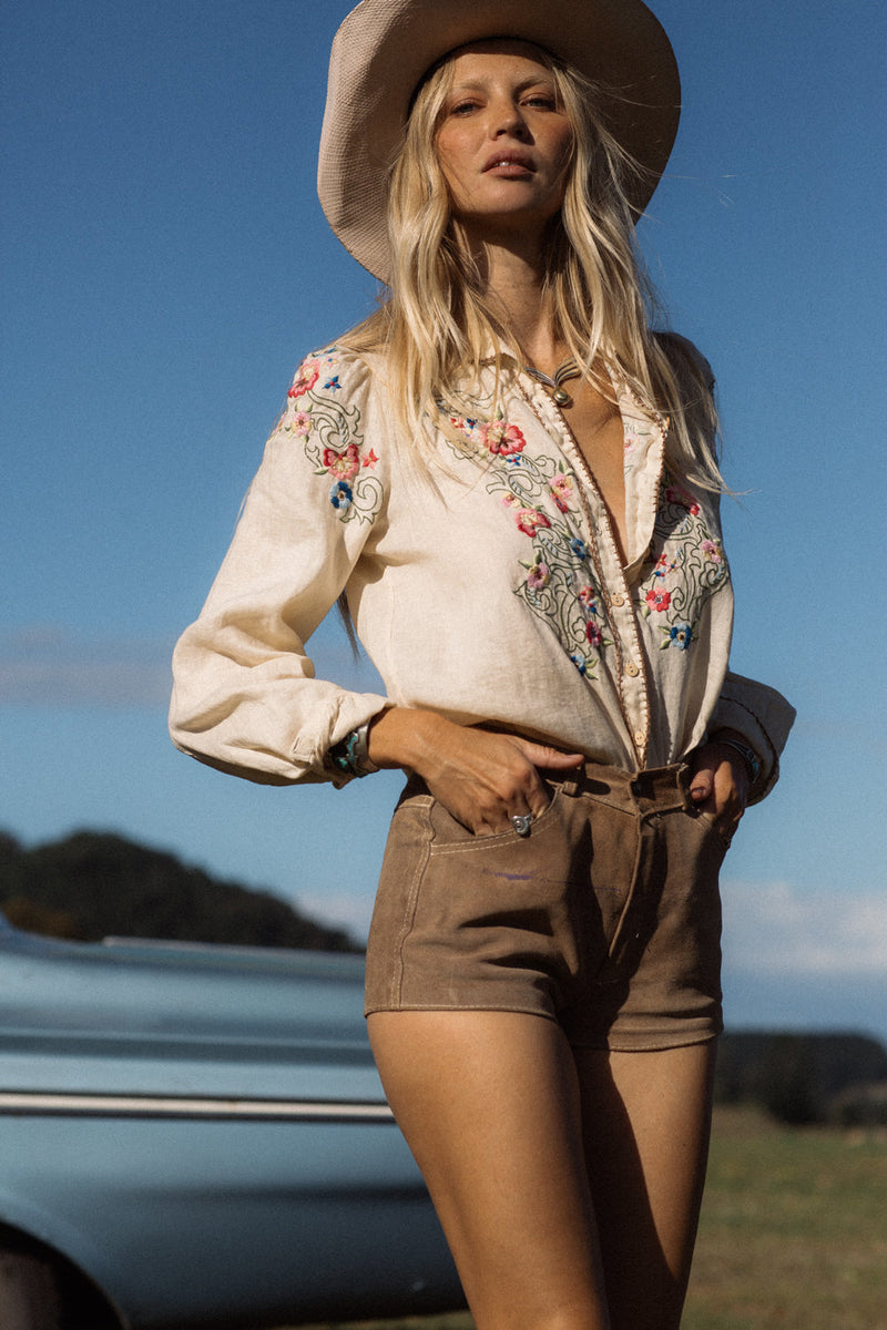 Mystic Of The East Linen + Embroidered Long Sleeve Blouse - Chasing Unicorns