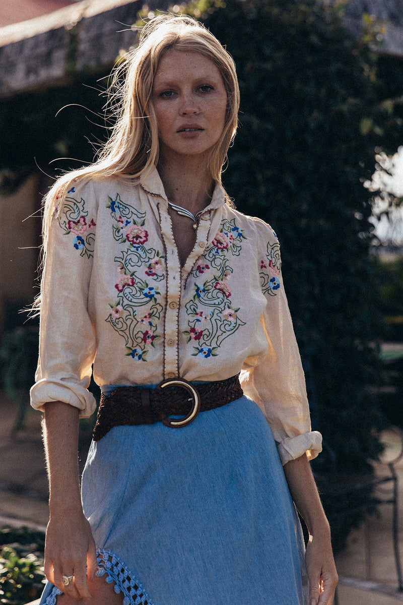 Mystic Of The East Linen + Embroidered Long Sleeve Blouse - Chasing Unicorns