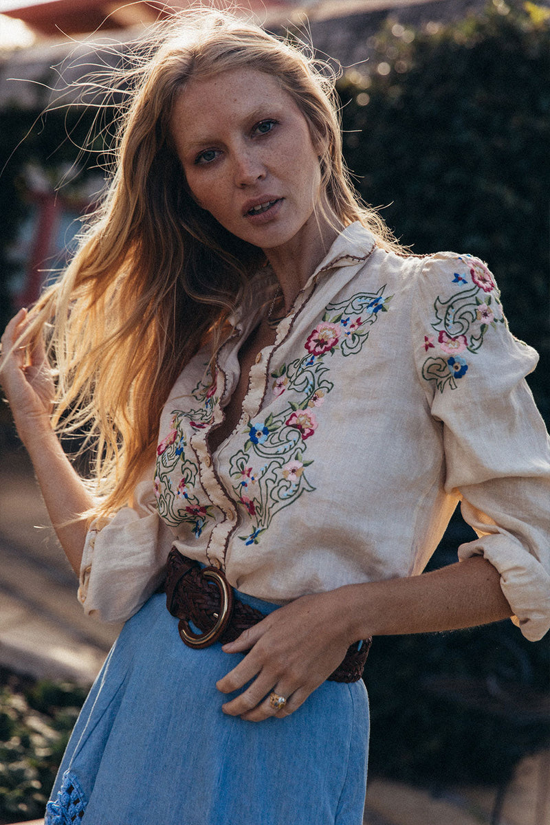 Mystic Of The East Linen + Embroidered Long Sleeve Blouse - Chasing Unicorns