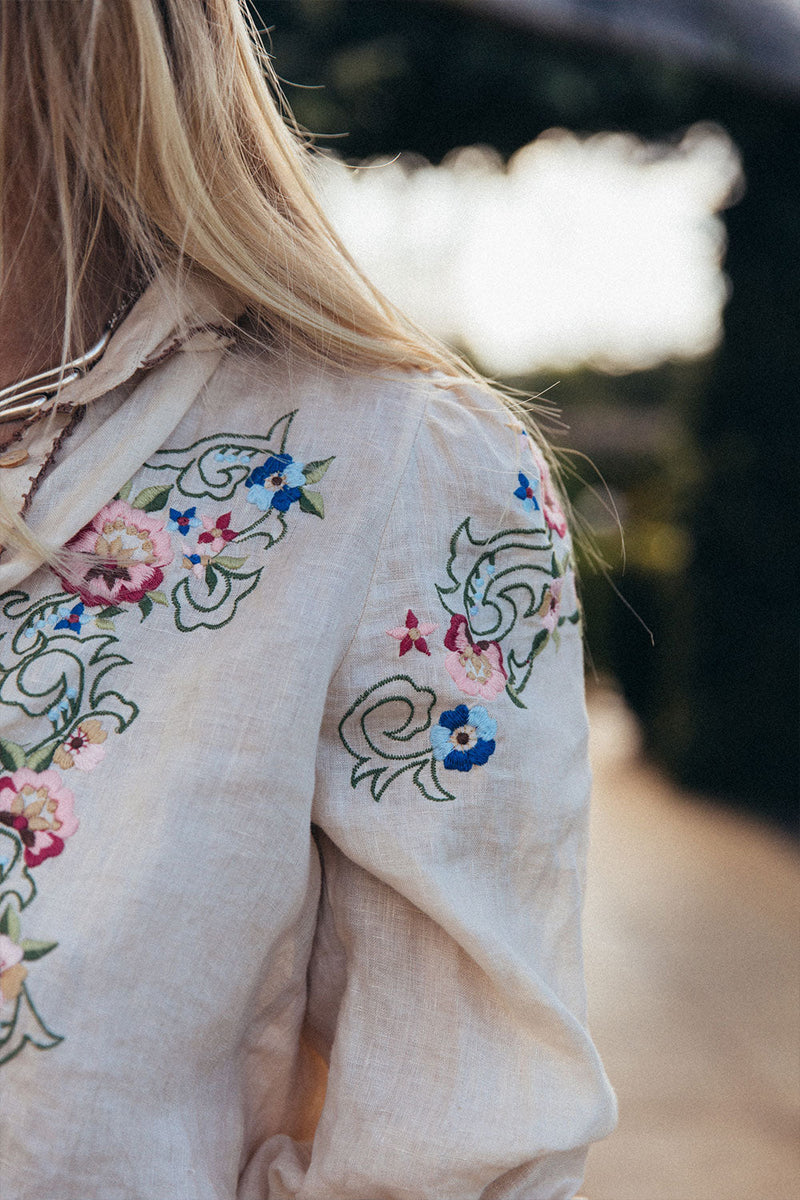 Mystic Of The East Linen + Embroidered Long Sleeve Blouse - Chasing Unicorns