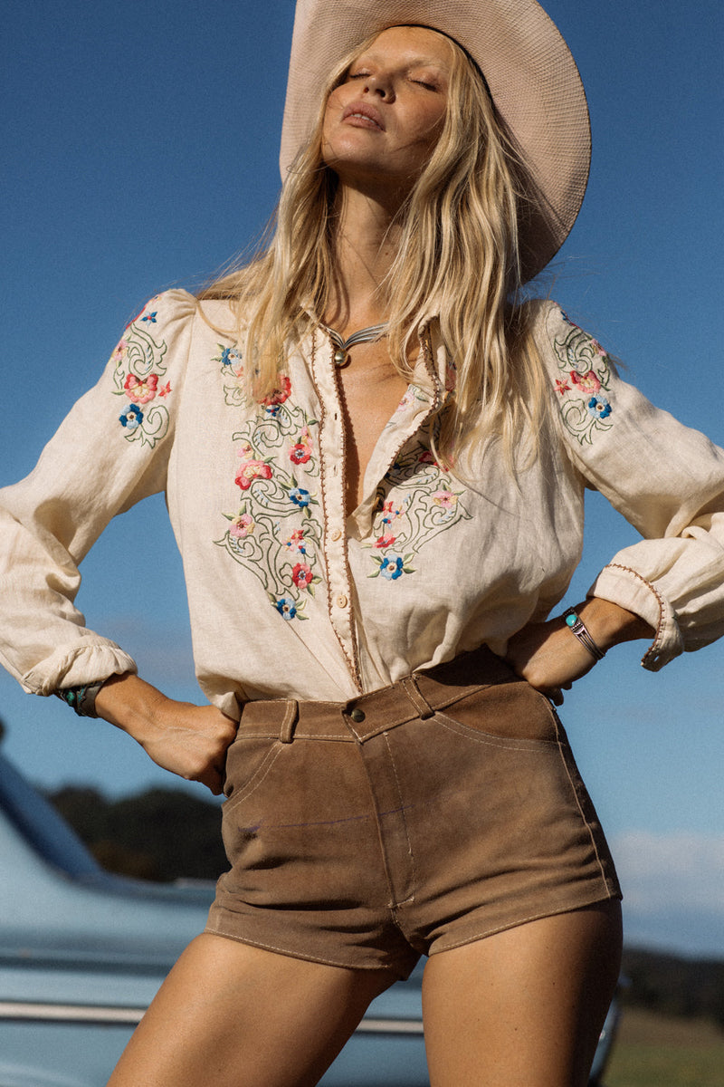 Mystic Of The East Linen + Embroidered Long Sleeve Blouse - Chasing Unicorns