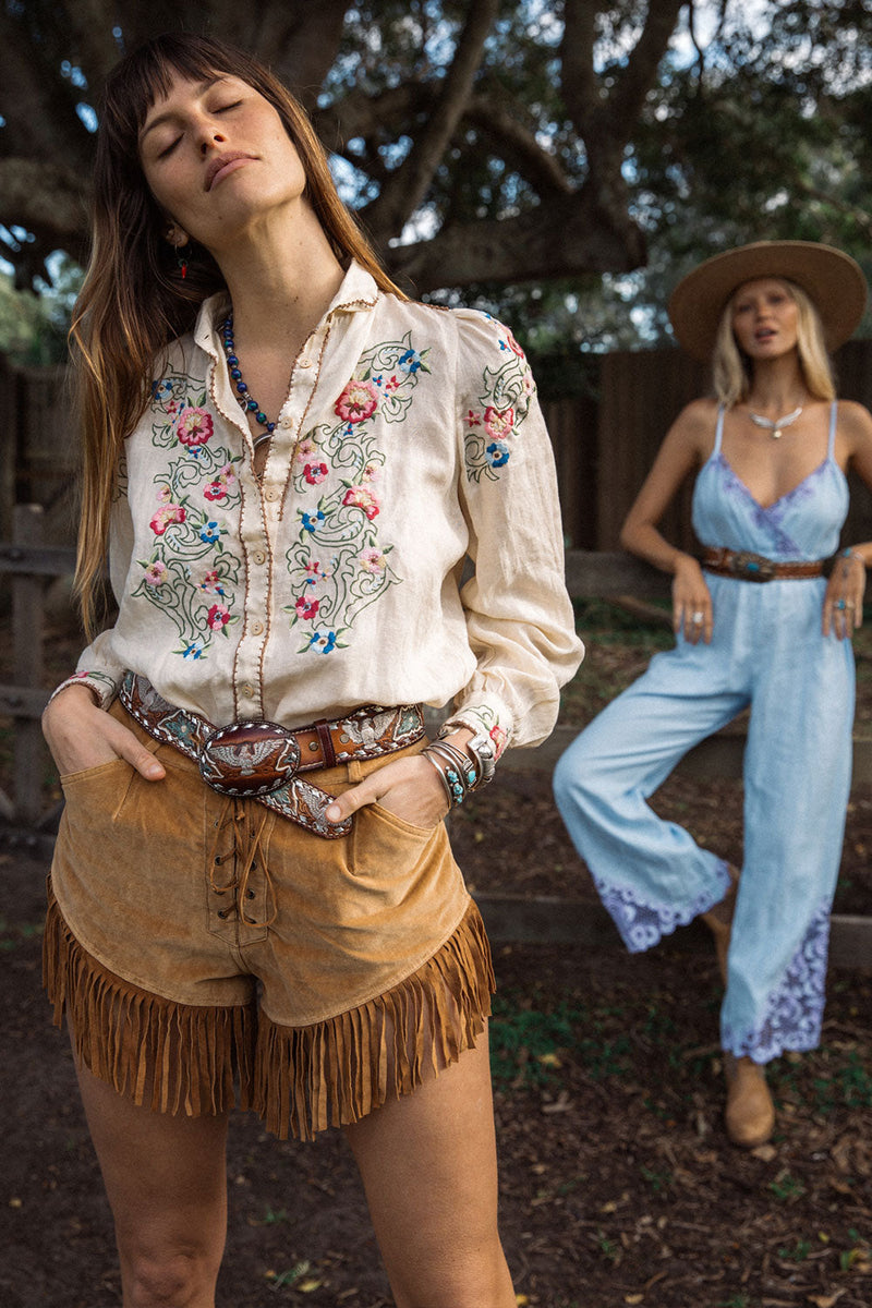 Mystic Of The East Linen + Embroidered Long Sleeve Blouse - Chasing Unicorns