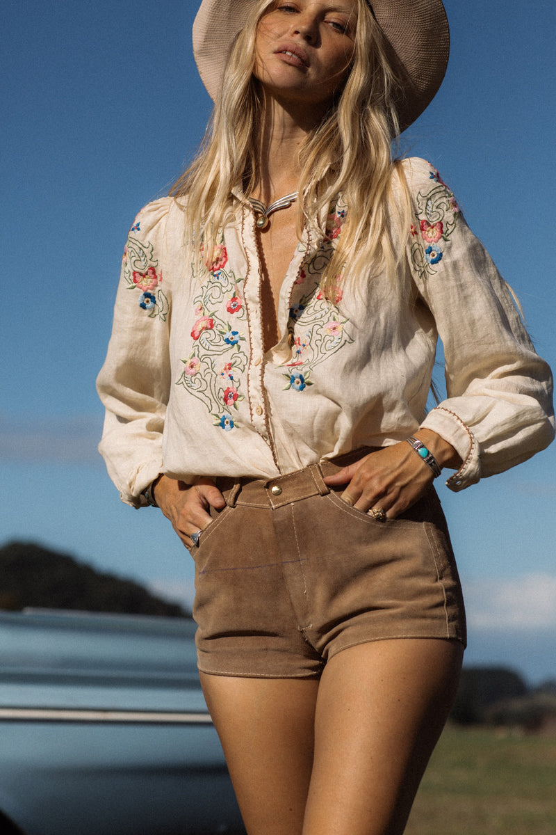 Mystic Of The East Linen + Embroidered Long Sleeve Blouse - Chasing Unicorns