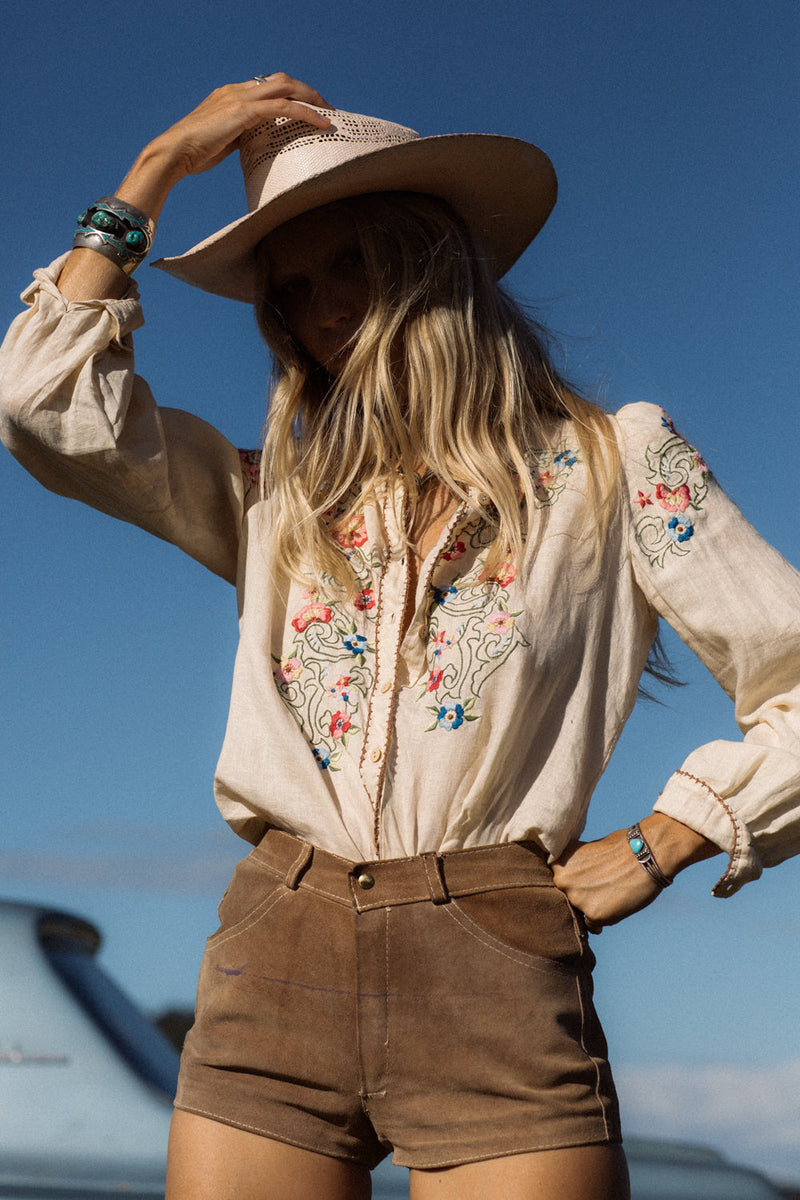 Mystic Of The East Linen + Embroidered Long Sleeve Blouse - Chasing Unicorns