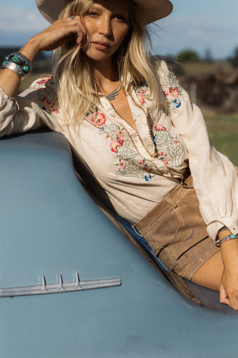 Mystic Of The East Linen + Embroidered Long Sleeve Blouse - Chasing Unicorns