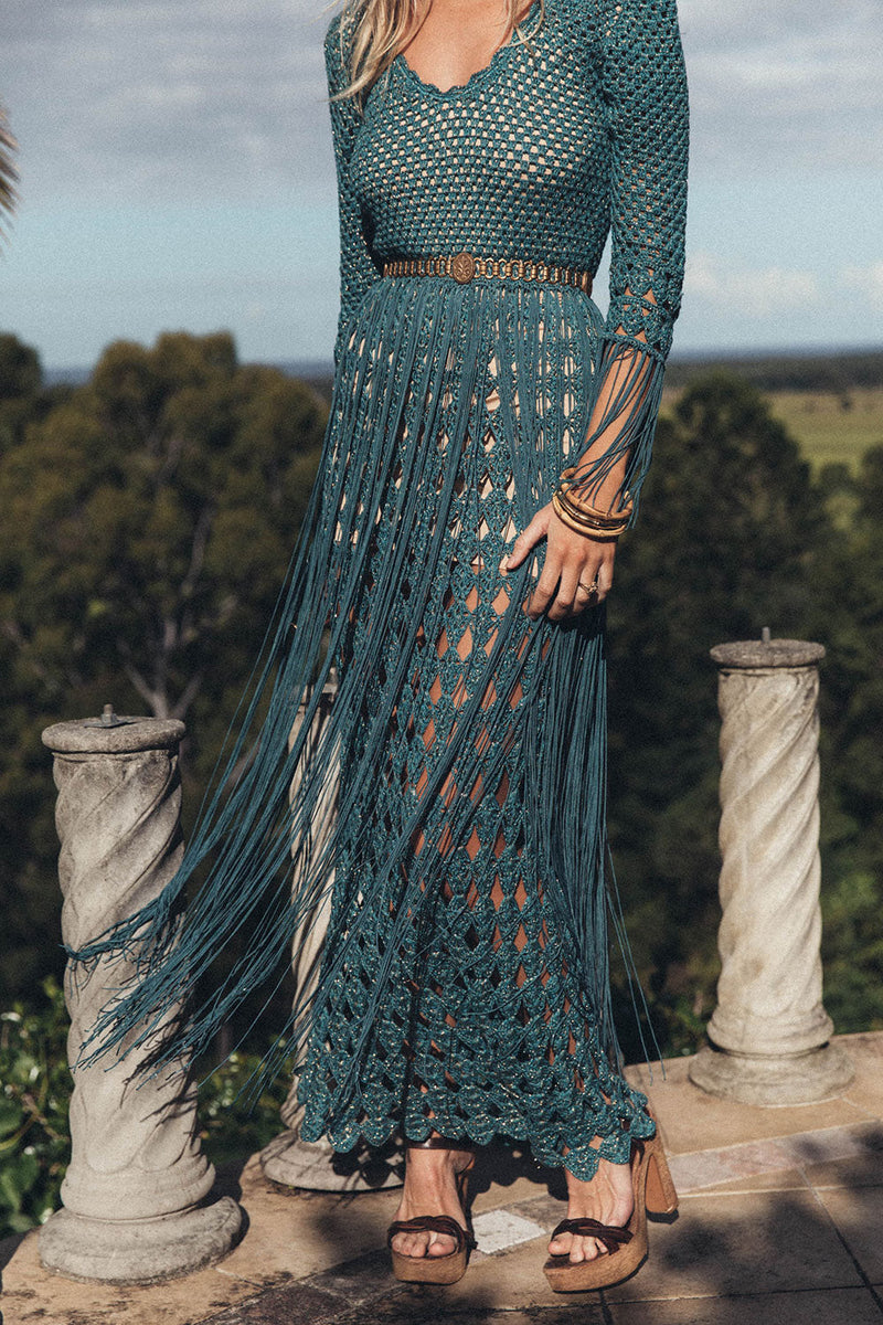 Night Fever Fringe + Crochet Maxi Dress - Chasing Unicorns
