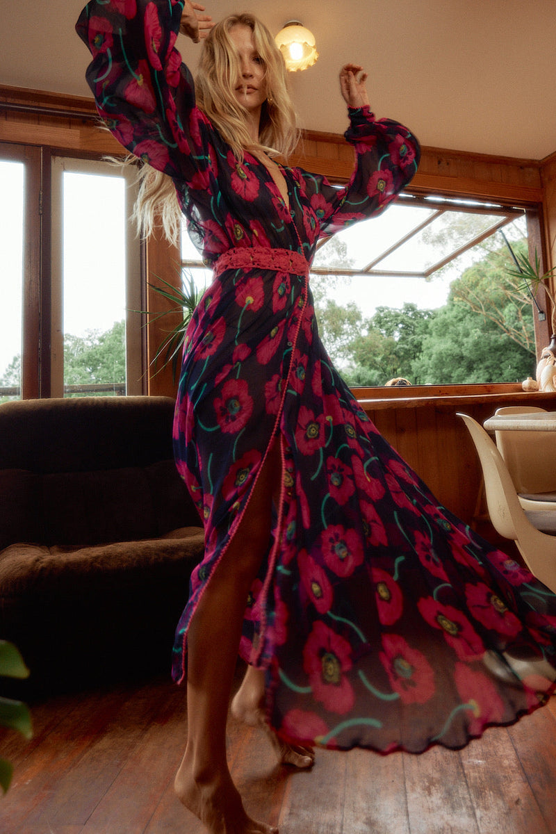 Nightbird Silk/Cotton Maxi Dress - Poppy - Chasing Unicorns