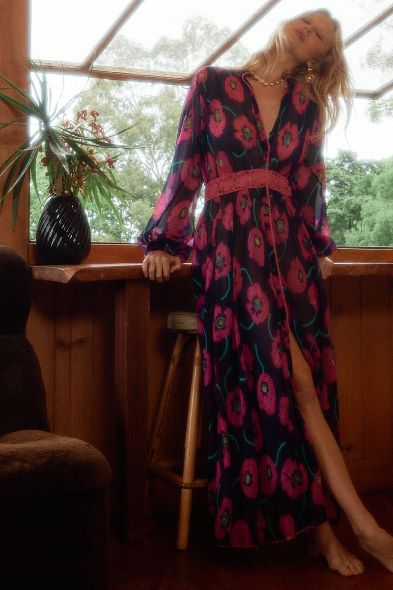 Nightbird Silk/Cotton Maxi Dress - Poppy - Chasing Unicorns