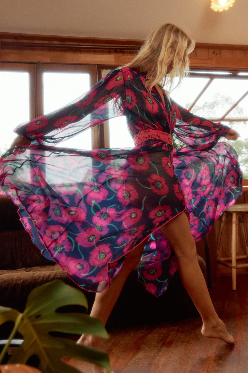 Nightbird Silk/Cotton Maxi Dress - Poppy - Chasing Unicorns