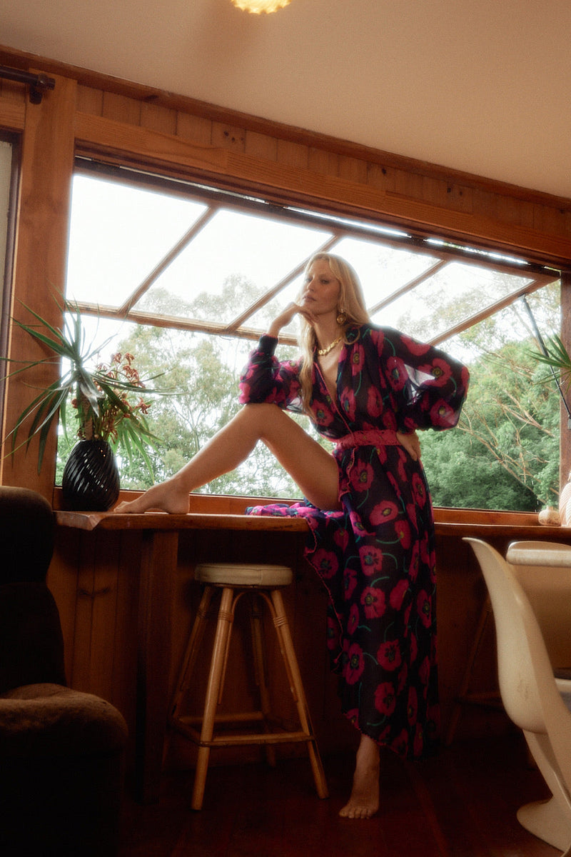 Nightbird Silk/Cotton Maxi Dress - Poppy - Chasing Unicorns