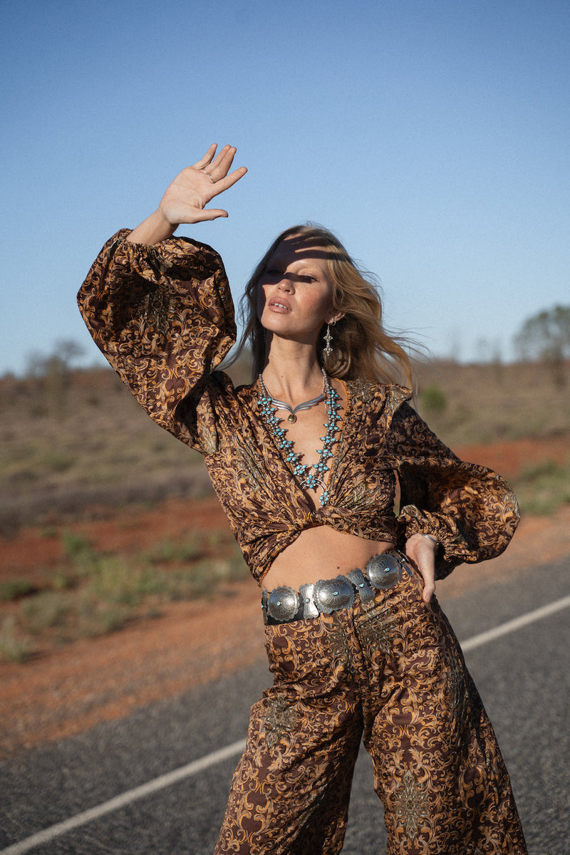 Nighthawk Wrap Blouse Silk Satin - Baroque Paisley - Chasing Unicorns