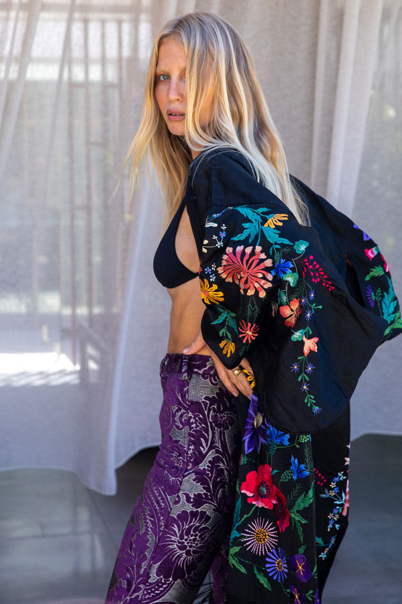 Nightingale Silk, Embroidered And Fringe Kimono - Chasing Unicorns