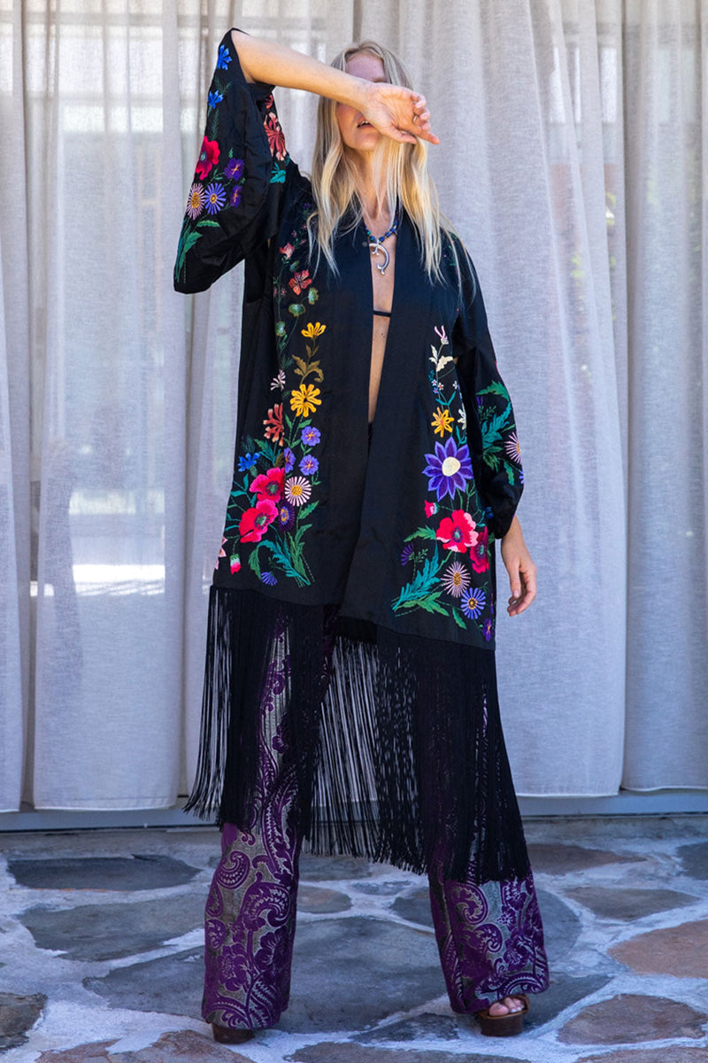 Nightingale Silk, Embroidered And Fringe Kimono - Chasing Unicorns