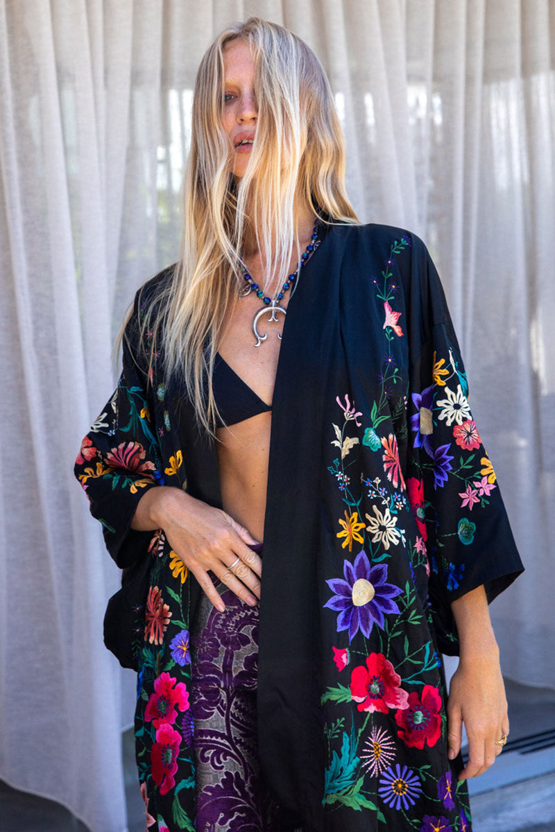 Nightingale Silk, Embroidered And Fringe Kimono - Chasing Unicorns