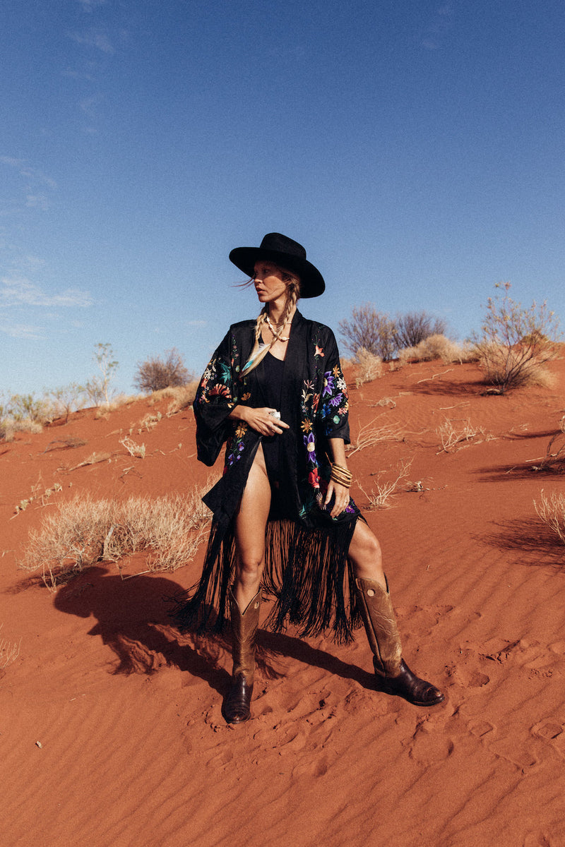 Nightingale Silk, Embroidered And Fringe Kimono - Chasing Unicorns