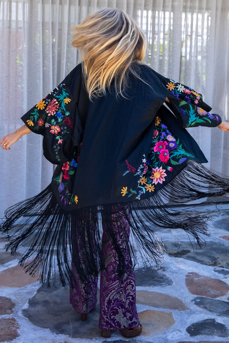 Nightingale Silk, Embroidered And Fringe Kimono - Chasing Unicorns