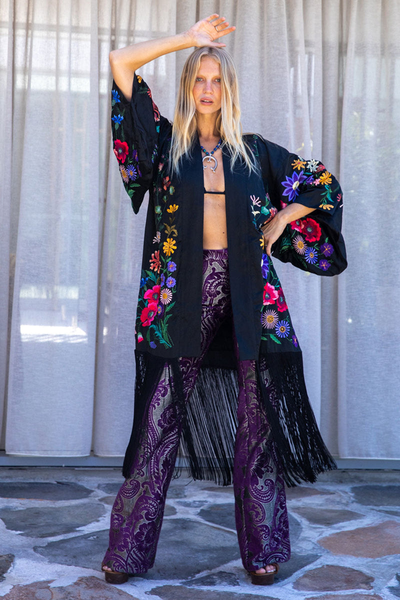 Nightingale Silk, Embroidered And Fringe Kimono - Chasing Unicorns