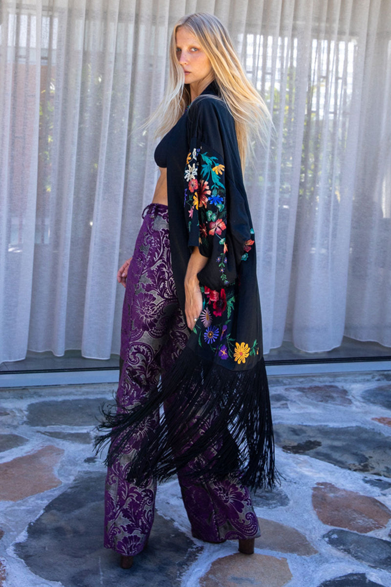 Nightingale Silk, Embroidered And Fringe Kimono - Chasing Unicorns