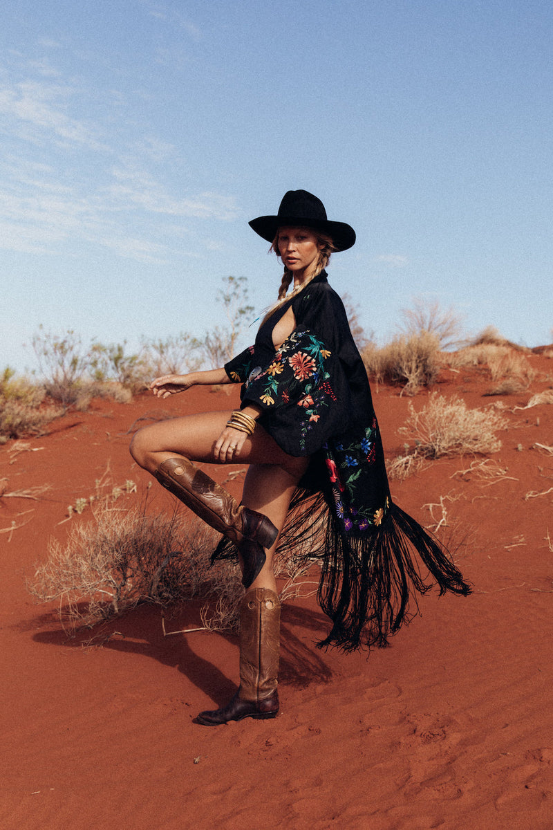 Nightingale Silk, Embroidered And Fringe Kimono - Chasing Unicorns