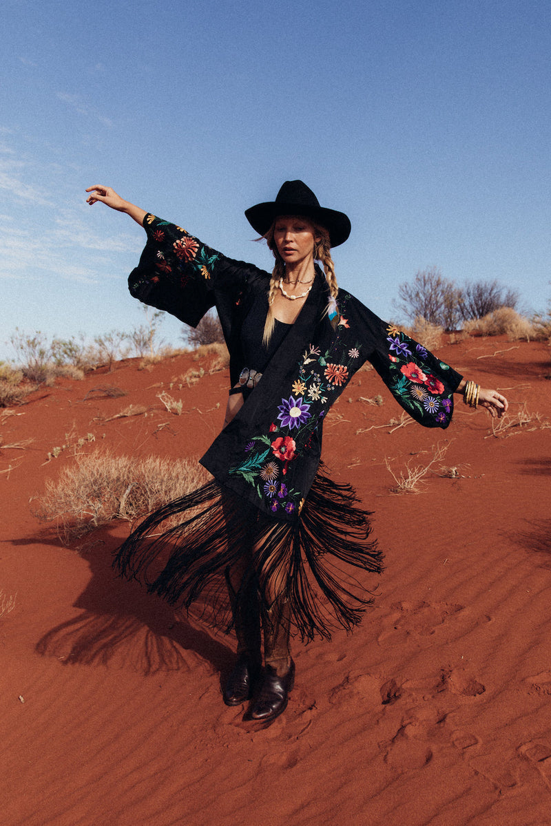 Nightingale Silk, Embroidered And Fringe Kimono - Chasing Unicorns