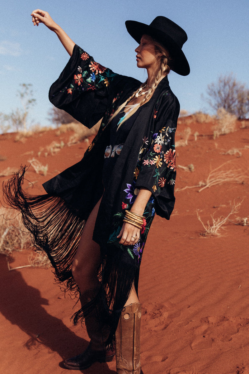 Nightingale Silk, Embroidered And Fringe Kimono - Chasing Unicorns