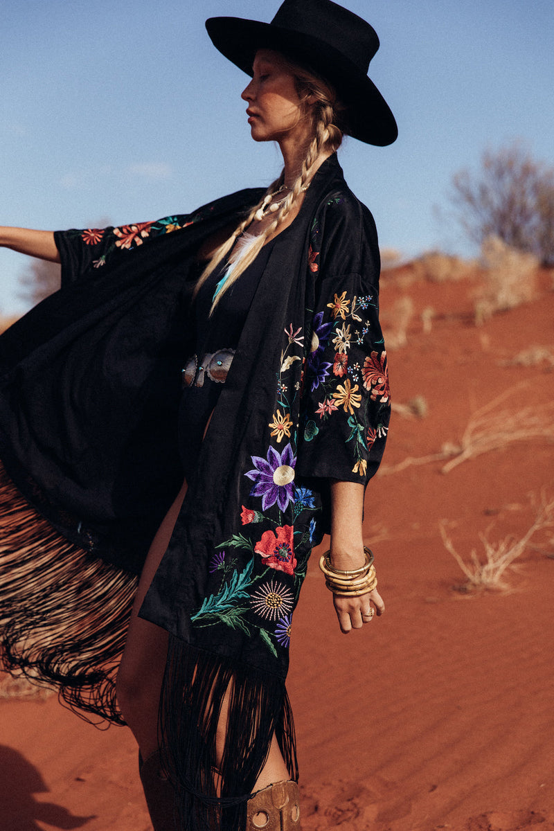 Nightingale Silk, Embroidered And Fringe Kimono - Chasing Unicorns