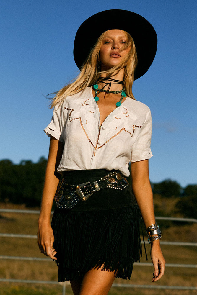 Not Alone Any More Linen Cutwork Blouse
