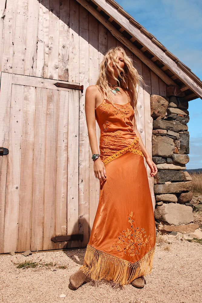 Now’S The Time Silk + Fringe Cutwork Embroidered Slip Maxi Dress