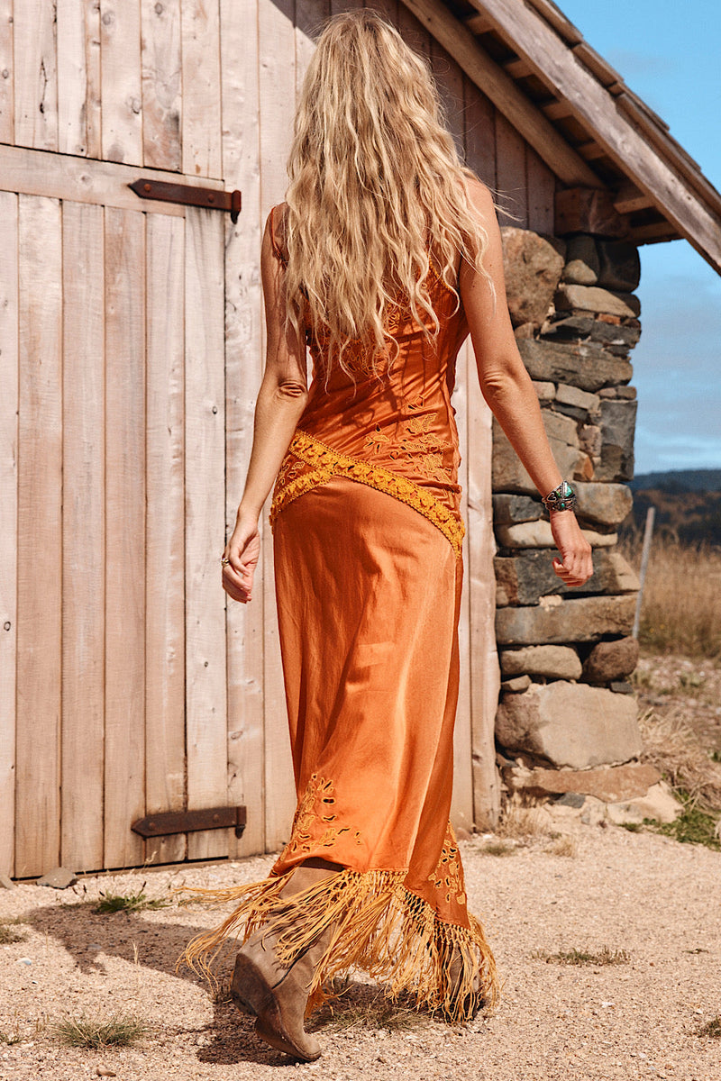 Now’S The Time Silk + Fringe Cutwork Embroidered Slip Maxi Dress - Chasing Unicorns