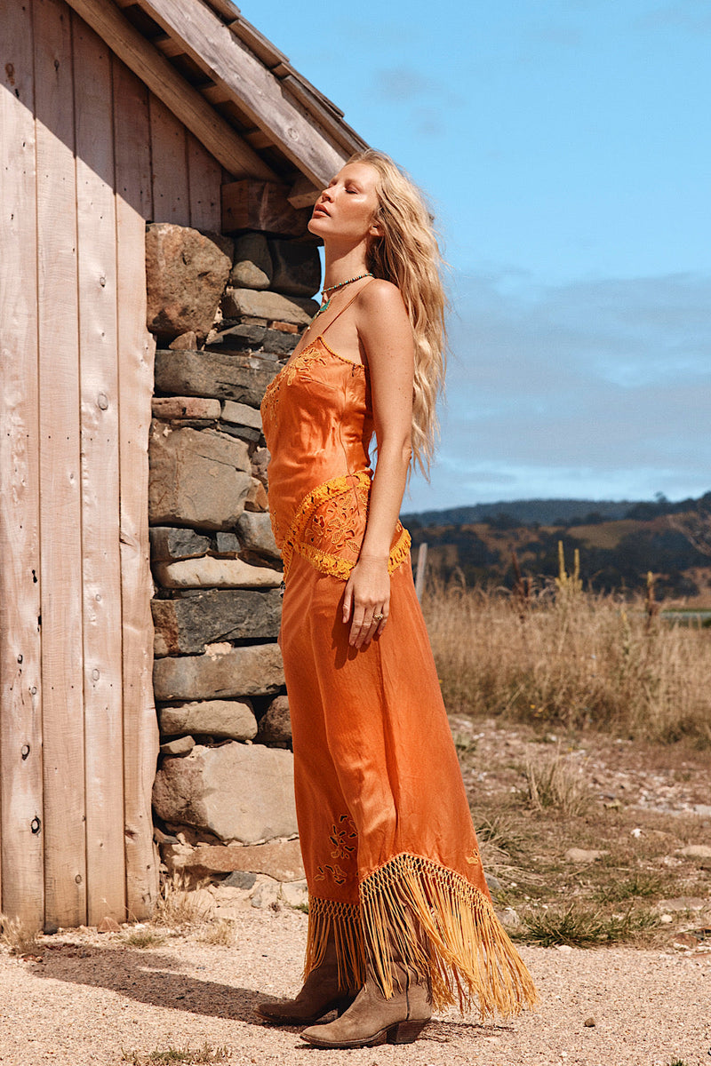 Now’S The Time Silk + Fringe Cutwork Embroidered Slip Maxi Dress - Chasing Unicorns