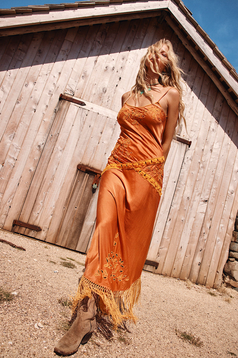 Now’S The Time Silk + Fringe Cutwork Embroidered Slip Maxi Dress - Chasing Unicorns