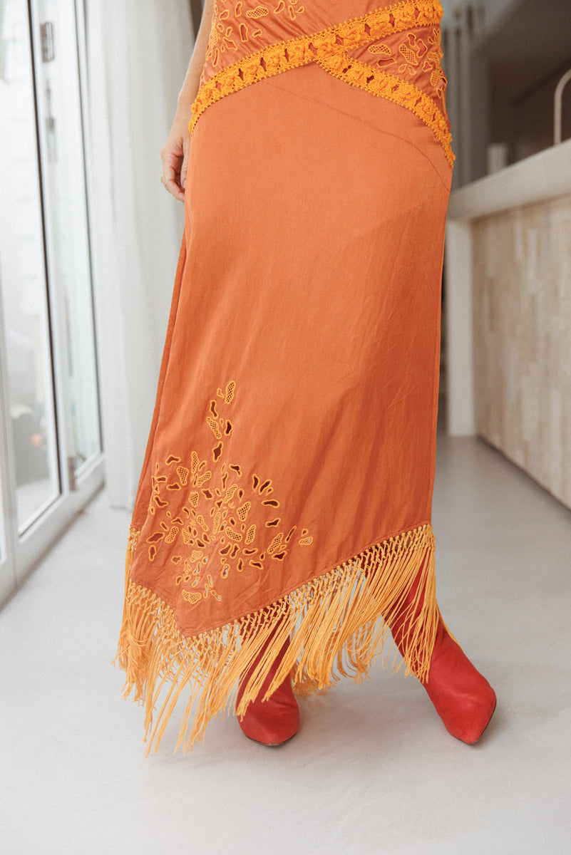 Now’S The Time Silk + Fringe Cutwork Embroidered Slip Maxi Dress - Chasing Unicorns