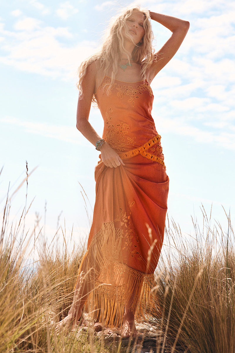 Now’S The Time Silk + Fringe Cutwork Embroidered Slip Maxi Dress - Chasing Unicorns
