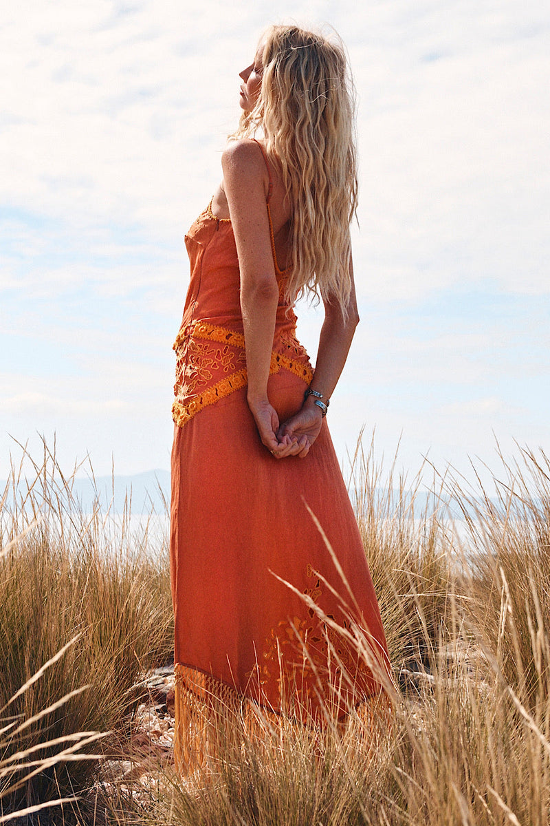 Now’S The Time Silk + Fringe Cutwork Embroidered Slip Maxi Dress - Chasing Unicorns