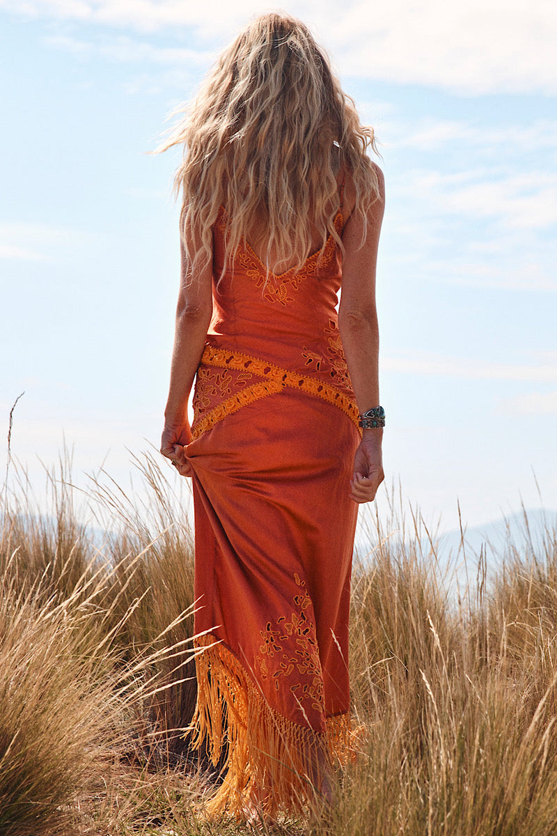 Now’S The Time Silk + Fringe Cutwork Embroidered Slip Maxi Dress - Chasing Unicorns