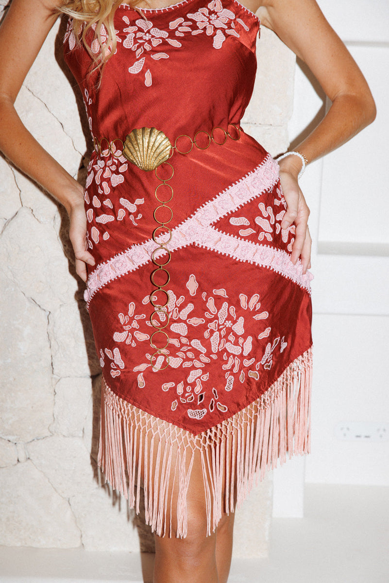 Now’S The Time Silk + Fringe Cutwork Embroidered Slip Mini Dress - Chasing Unicorns