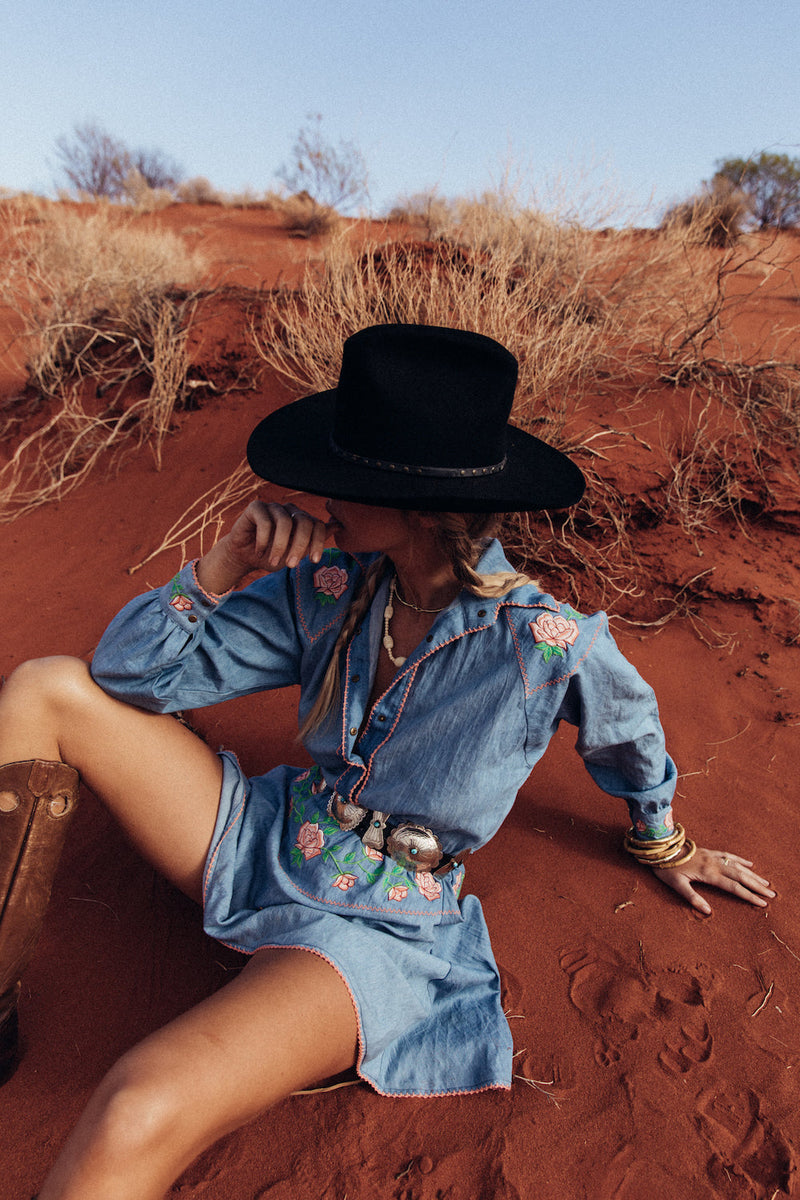 On The Road Again Chambray Embroidered Mini Dress - Chasing Unicorns