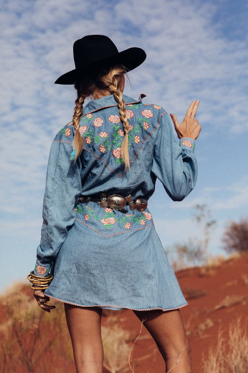 On The Road Again Chambray Embroidered Mini Dress - Chasing Unicorns