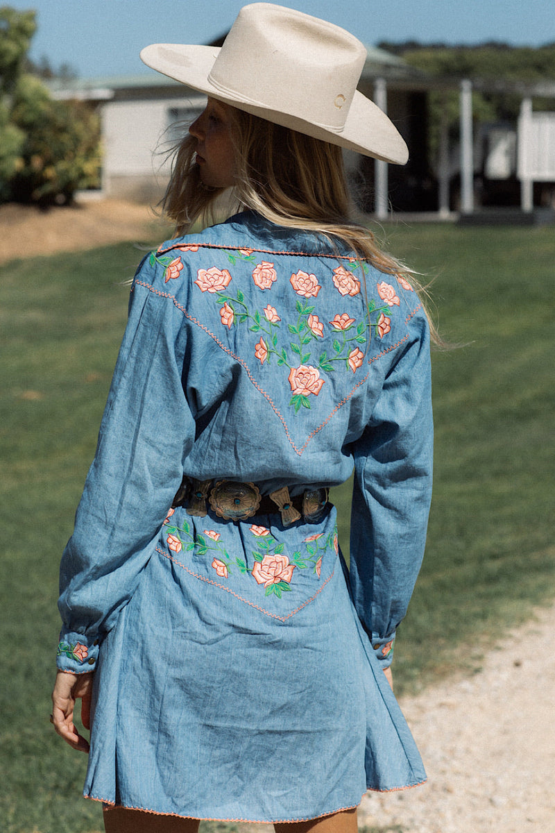 On The Road Again Chambray Embroidered Mini Dress - Chasing Unicorns