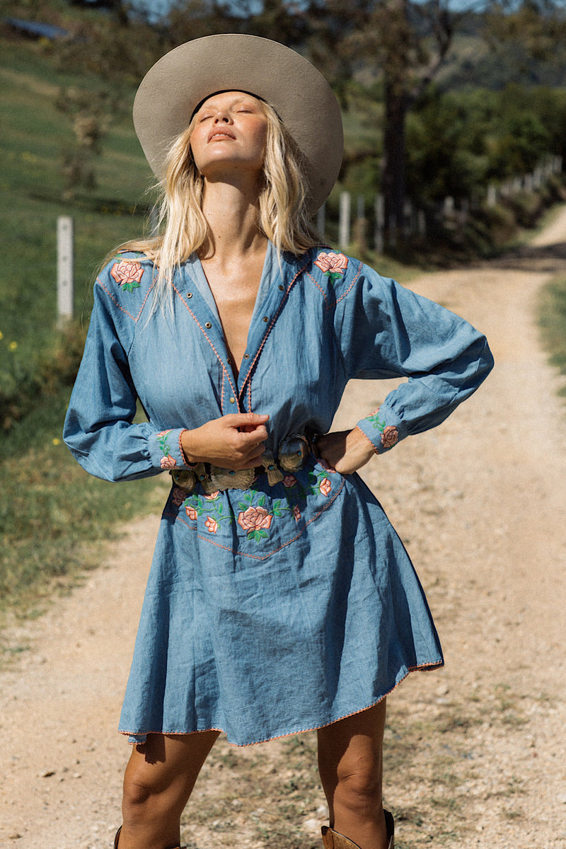 On The Road Again Chambray Embroidered Mini Dress - Chasing Unicorns