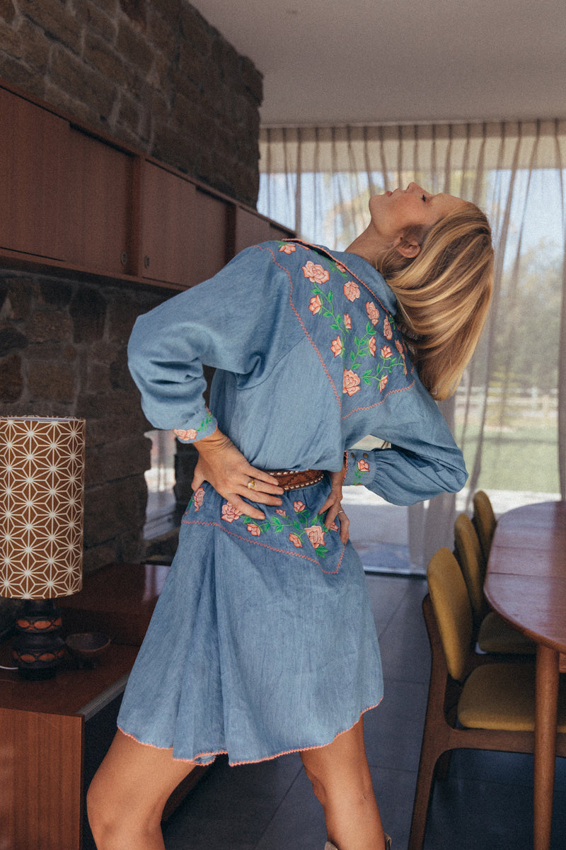On The Road Again Chambray Embroidered Mini Dress - Chasing Unicorns