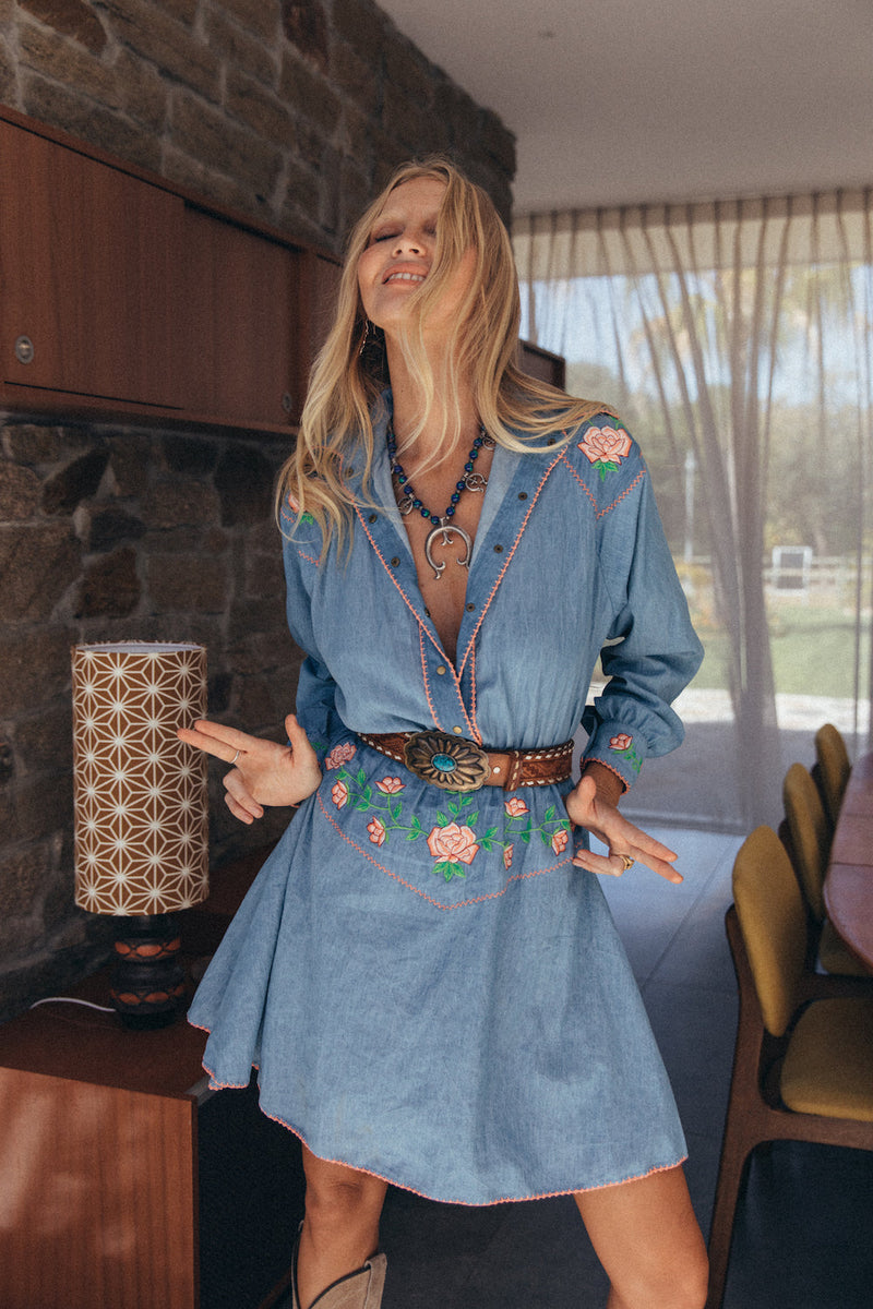 On The Road Again Chambray Embroidered Mini Dress - Chasing Unicorns