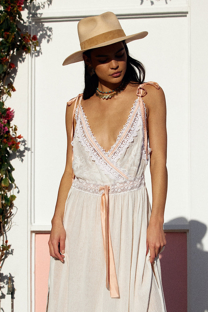 Out Among The Stars Cotton Gauze, Lace + Ribbon Embroidered Maxi Slip Dress