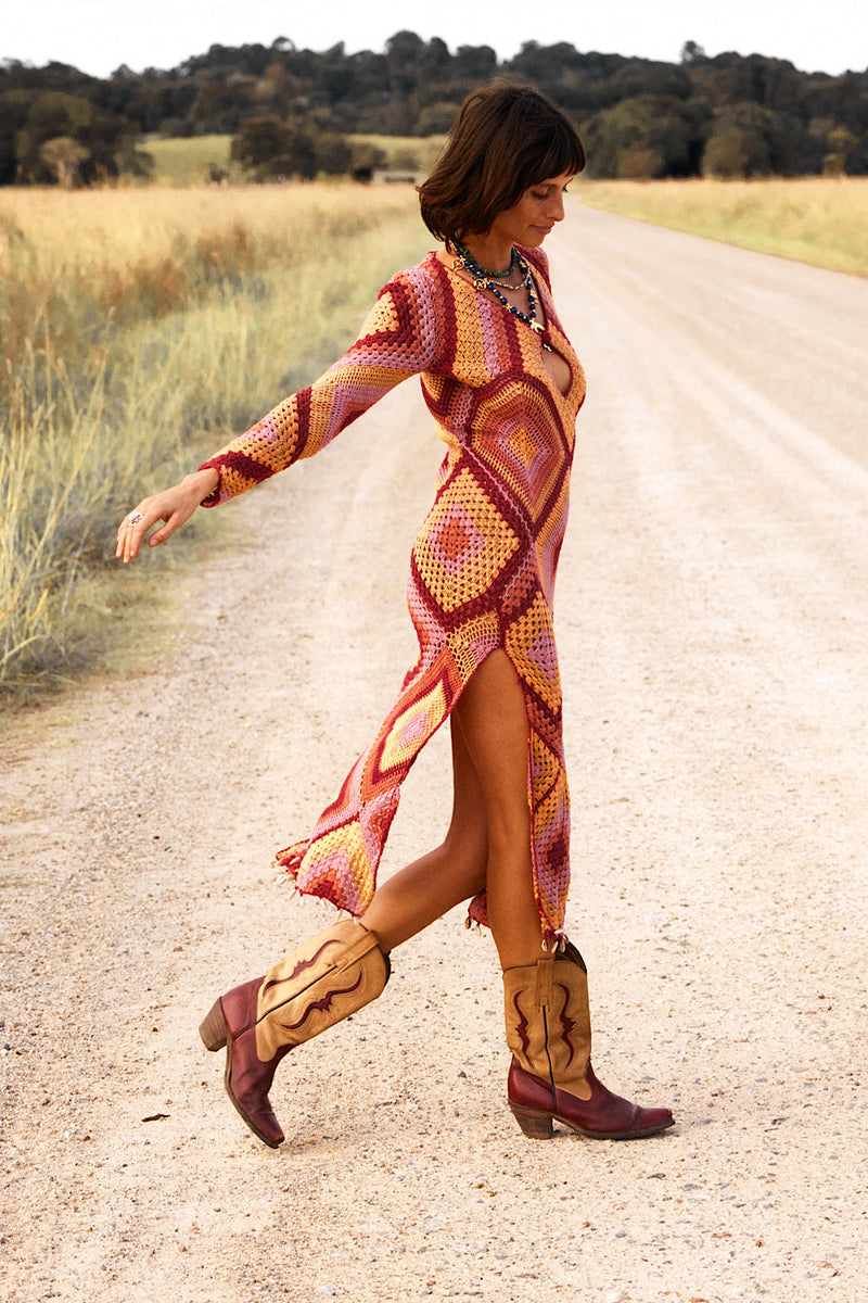 Paradise Now Long Sleeve Crochet Midi Dress - Chasing Unicorns