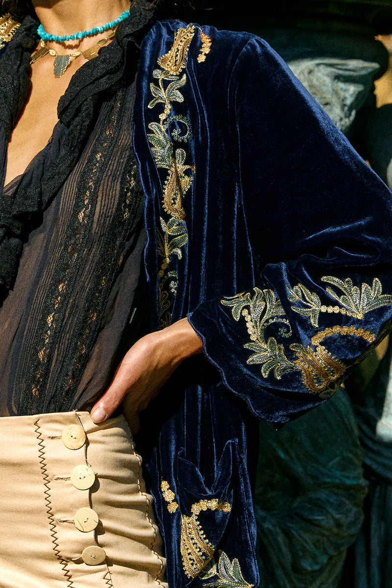 Proud Mary Silk Velvet And Embroidered Short Housecoat - Midnight - Chasing Unicorns