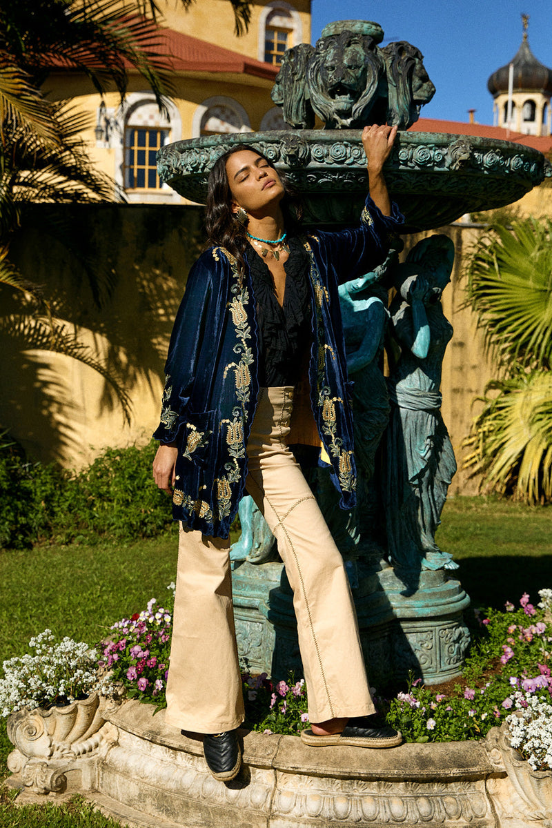 Proud Mary Silk Velvet And Embroidered Short Housecoat - Midnight - Chasing Unicorns