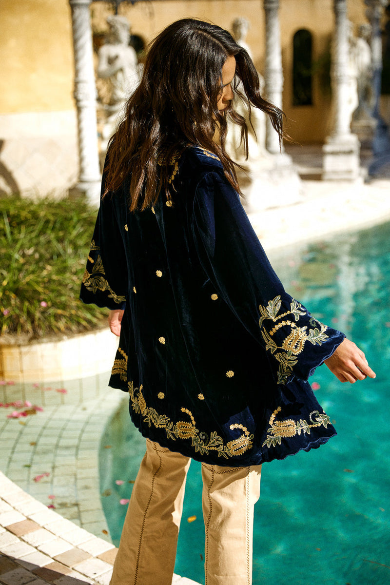 Proud Mary Silk Velvet And Embroidered Short Housecoat - Midnight - Chasing Unicorns