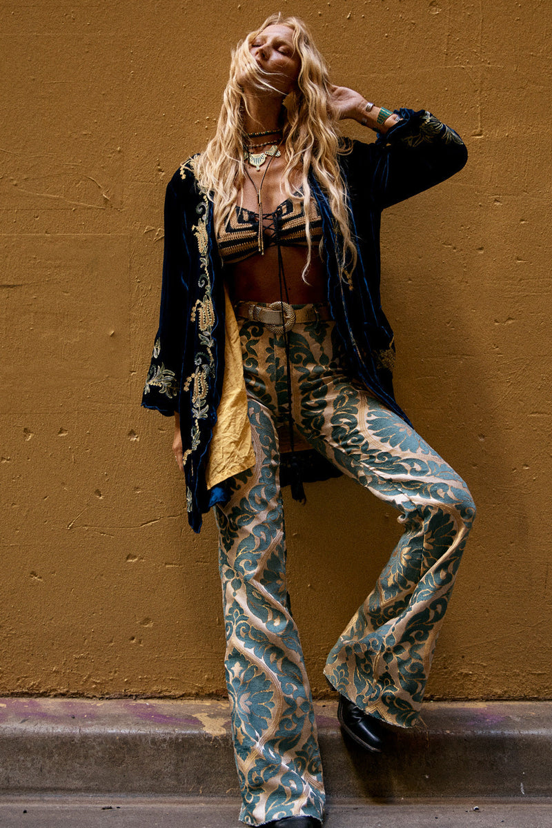 Proud Mary Silk Velvet And Embroidered Short Housecoat - Midnight - Chasing Unicorns