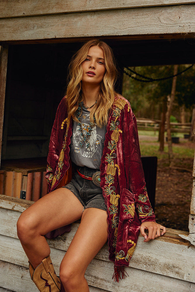Proud Mary Silk Velvet And Embroidered Short Housecoat -  wine