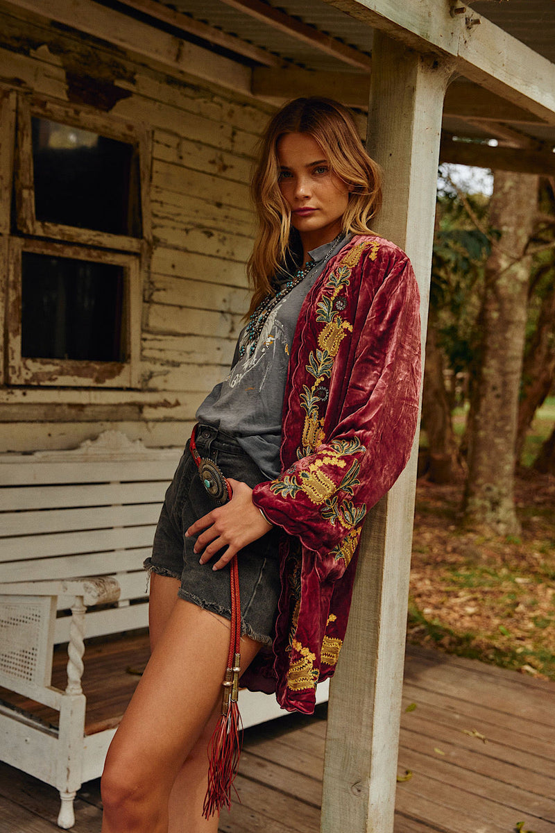 Proud Mary Silk Velvet And Embroidered Short Housecoat - Ruby - Chasing Unicorns